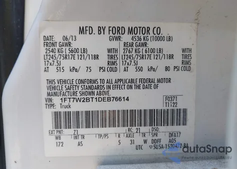 2013 Ford F-250 Xl z USA, uszkodzony, nr VIN 1FT7W2BT1DEB76614